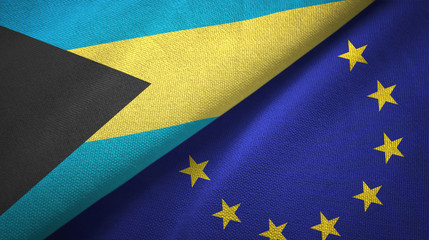 Bahamas and European Union two flags textile cloth, fabric texture
