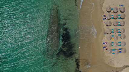 Aerial drone top view photo of breathtaking turquoise sandy beach of Plaka with sun beds and umbrellas, Naxos island, Cyclades, Greece - obrazy, fototapety, plakaty