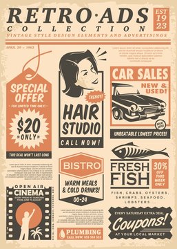 Retro newspaper ads collection on old paper texture. Vector illustration.