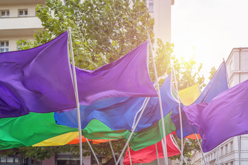 Flags in rainbow colors at the Prague Pride parade