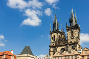 Fototapeta premium Outdoor exterior view of Church of Our Lady before Týn, Beautiful and famous baroque catholic church, located on old town square in Prague, Czech Republic.
