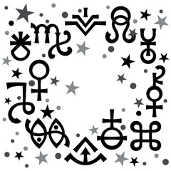 Astrological diadem (astrological signs and occult mystical symbols), celestial pattern background with stars.