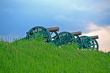 vintage gun line on green grass on blue sky, retro military weapon