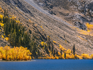 Camping at the mountain lake on a sunny autumn day