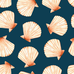 Watercolor sea seamless pattern with a lot of the beautiful shells (Venus scallop). Isolated on deep blue background. Summer illustration. Under the sea.