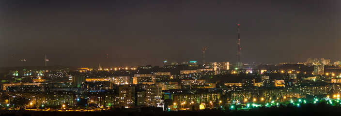 Fototapeta na wymiar night city lights panorama, television tower and temple