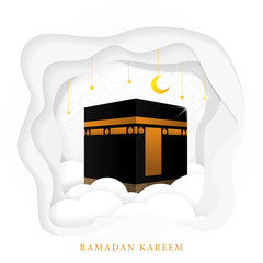 ramadan kareem islamic banner design with kaba mosque and arabic style	