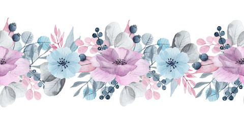 Watercolor floral seamless borders with delicate pink, blue, lilac flowers, petals, branches, leaves, twigs, butterflies, bird for wedding invitations, greeting cards