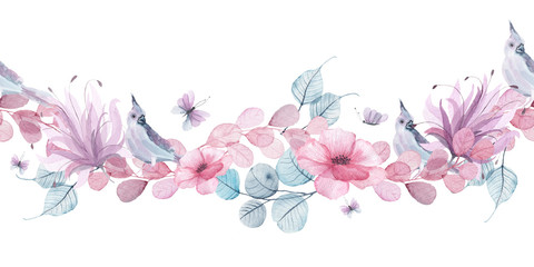Watercolor floral seamless borders with delicate pink, blue, lilac flowers, petals, branches, leaves, twigs, butterflies, bird for wedding invitations, greeting cards - 268578832