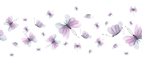 Fototapeta na wymiar Watercolor floral seamless borders with delicate pink, blue, lilac flowers, petals, branches, leaves, twigs, butterflies, bird for wedding invitations, greeting cards