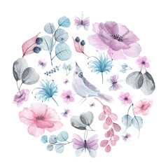 Watercolor floral circle and heart compositions with delicate pink, blue, lilac flowers, petals, branches, leaves, twigs, butterflies, bird for wedding invitations, greeting cards - 268578884
