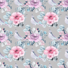 Watercolor floral seamless patterns with delicate pink, blue, lilac flowers, petals, branches, leaves, twigs, butterflies, bird for wedding invitations, greeting cards