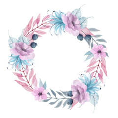 Watercolor floral wreaths with delicate pink, blue, lilac flowers, petals, branches, leaves, twigs, butterflies, bird for wedding invitations, greeting cards