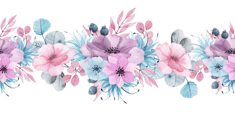 Fototapeta na wymiar Watercolor floral seamless borders with delicate pink, blue, lilac flowers, petals, branches, leaves, twigs, butterflies, bird for wedding invitations, greeting cards