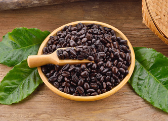 Coffee beans on a wooden background