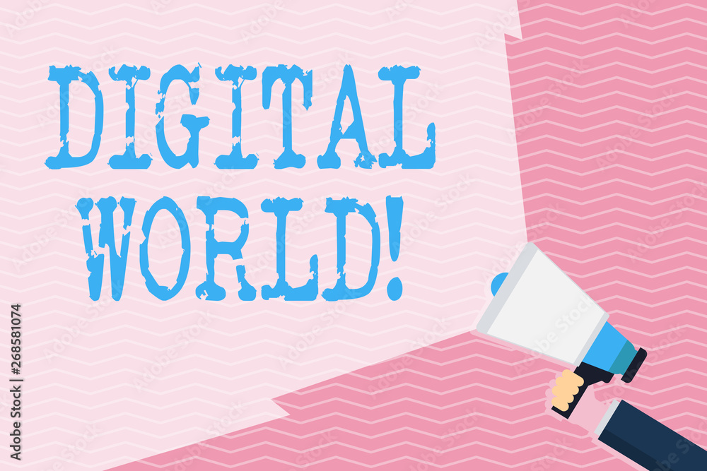 Aufkleber writing note showing digital world. business concept for inter connected through digital devices and