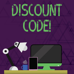 Writing note showing Discount Code. Business concept for Series of letters or numbers that allow you to get a discount Arrangement for Nightshift Worker Computer, Tablet and Lamp