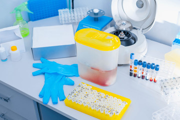 Workplace in the laboratory of blood tests and dna. Medical equipment for working with blood