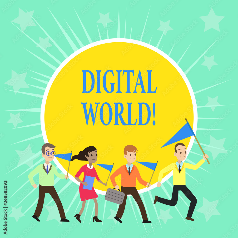 Poster writing note showing digital world. business concept for inter connected through digital devices and