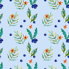 Watercolor berries and wild leaves on a seamless background