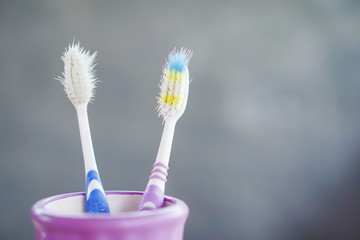 old and destroy toothbrush closeup  