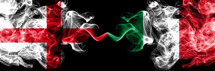 English vs Italy, Italian smoky mystic flags placed side by side. Thick colored silky smokes flag...