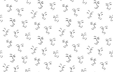 Funny characters faces with expressions seamless pattern, Hand drawn vector illustration, in black and white colors