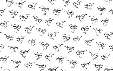 Funny characters faces with expressions in glasses seamless pattern, Hand drawn vector illustration, in black and white colors