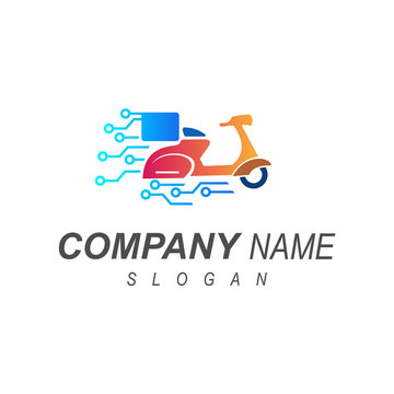 logo shipping service using a motorcycle, delivery express logo + delivery icon, + maximum speed logo + modern scooter