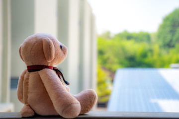 Brown teddy bear sitting vacant alone at the terrace with nature blurred background, Absent-minded...