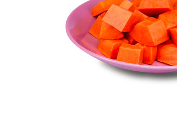 Ripe papaya in dish isolated on white background. 