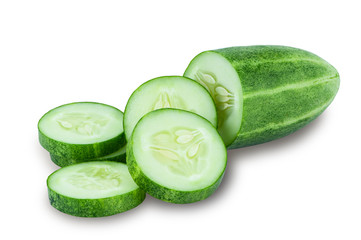 Closeup cucumber and slices isolated on white background with clipping path.Natural beauty product and cosmetic fruit concept.