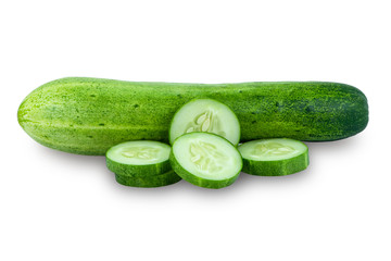 Closeup cucumber and slices isolated on white background with clipping path.Natural beauty product and cosmetic fruit concept.