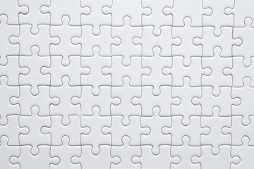 Puzzle pieces grid,Jigsaw puzzle white colour,Success mosaic solution template,Horizontal on white background copy space for text,Top view - obrazy, fototapety, plakaty