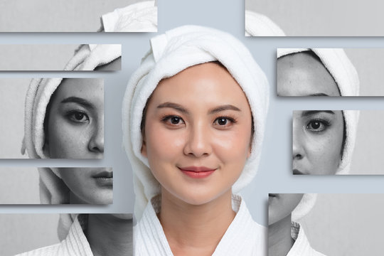 Comparison Portrait of Beautiful Asian woman. Dark spots and new skin, Before - After skin care and clean concept, Beauty treatment process of aging for rejuvenation.