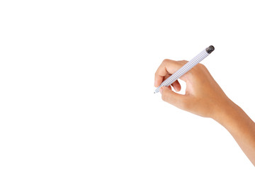 Closeup woman hand using color marker pen, writing mockup design template isolated on white...