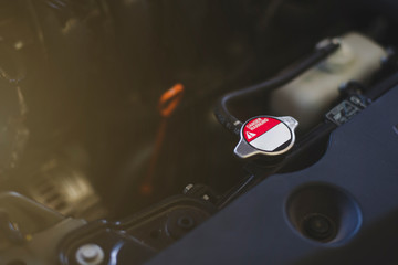 Obraz premium Car radiator cap, Installed on the engine, Close-up and Copy-space.
