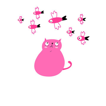 Big funny fat pink cat with fish