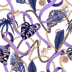 Trendy seamless pattern with chains and tropical leaves.
