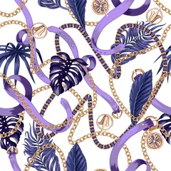 Foto op Plexiglas Bloemen en juwelen Trendy naadloos patroon met kettingen en tropische bladeren.