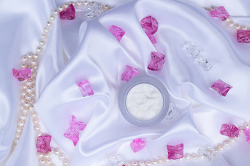 Beauty product, cosmetic top view on white background with valentine concept decoration.