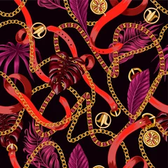 Gordijnen Trendy naadloos patroon met kettingen en tropische bladeren. © Yumeee