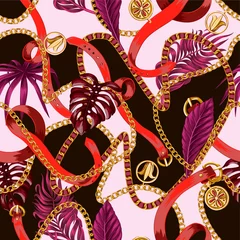 Deurstickers Bloemen en juwelen Trendy naadloos patroon met kettingen en tropische bladeren.
