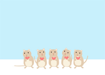 Naklejka premium 2020年年賀状 ハート形を持つ小さなかわいいかわいいネズミ 子年