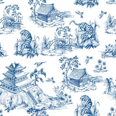 Papier Peint Lavable Style japonais Modèle sans couture dans le style chinoiserie pour le tissu ou la décoration intérieure.