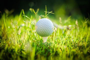 Golf ball on tee in beautiful golf course at sunset background.