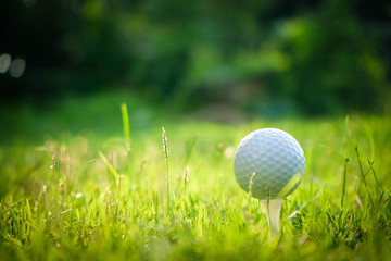 Golf ball on tee in beautiful golf course at sunset background.