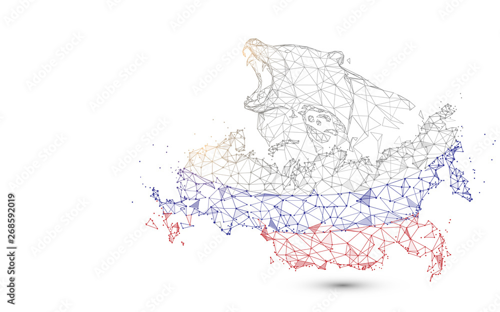 Poster Russia map with bear from lines, triangles and particle style design. Illustration vector