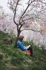 Naklejka na ściany i meble Stylish woman sitting on green grass under blossoming trees and reading a bookon hill in center of Prague, Czech Republic