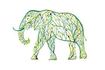 Elephant shape made from tree leaves. Save the earth. Vector design